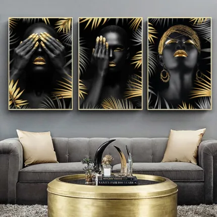 Modern Black Gold African Woman Portrait Wall Art Posters Living Room Home Decor Canvas Painting Mural Prints Pictures Cuadros