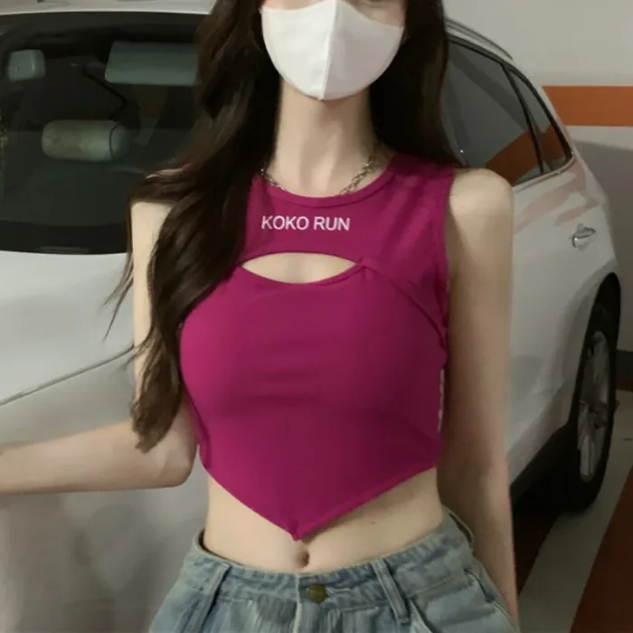 Casual Crop Tops Women Knit Irregular Tops Hollow Out Camisole Spicy Girl Outfit Female Fake Two Pieces Tank Tops with Bra Pad - Image 1
