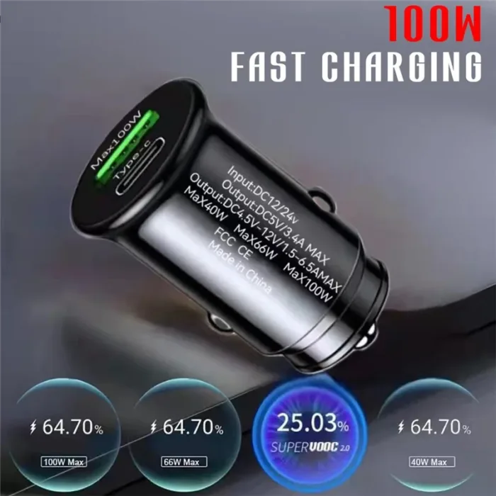 100W USB Car Charger Mini Invisible Car Charger Fast Charging Suitable for Apple/Xiaomi/Samsung/Huawei Mobile Phones - Image 5