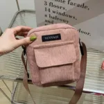 Women Corduroy Shoulder Bags Striped Cloth Fabric Handbags Casual Zip Tote Canvas Crossbody Bag Cute Shopping Bag for Ladies - Image 3