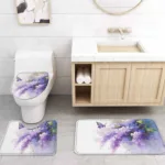 Oil Painting Purple Lavender Butterfly Shower Curtain Set Non-Slip Rugs Bath Mat Toilet Lid Cover Waterproof Bathroom Curtain - Image 4