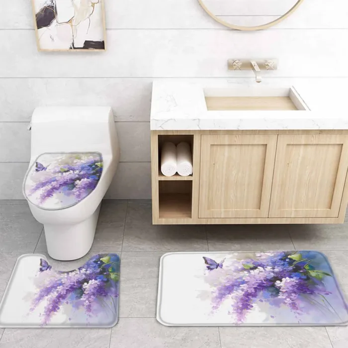 Oil Painting Purple Lavender Butterfly Shower Curtain Set Non-Slip Rugs Bath Mat Toilet Lid Cover Waterproof Bathroom Curtain - Image 4