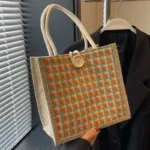 Women Woven Handbag Tote Bag Korean Style Ladies Button Handheld Linen Bags Button/Zipper Handheld Linen Bags Small Shopping Bag - Image 11
