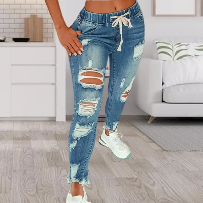 Womens Stretch Skinny Ripped Hole Washed Denim mom Jeans Female Slim Jeggings High Waist Pencil Pants Trousers - Image 2