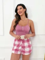 1 Set Plaid Print Pajama Set, Scoop Neck Cami Top & Elastic Waistband Shorts, Women's Sleepwear & Loungewear - Image 8