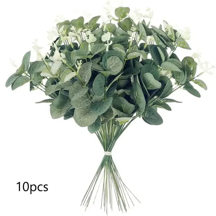 10pcs Eucalyptus Leaves Bunch Branch Artificial Plastic Plants Leaves Green Stems Wedding Faux Fake Flowers Cake DIY Decor - Image 1