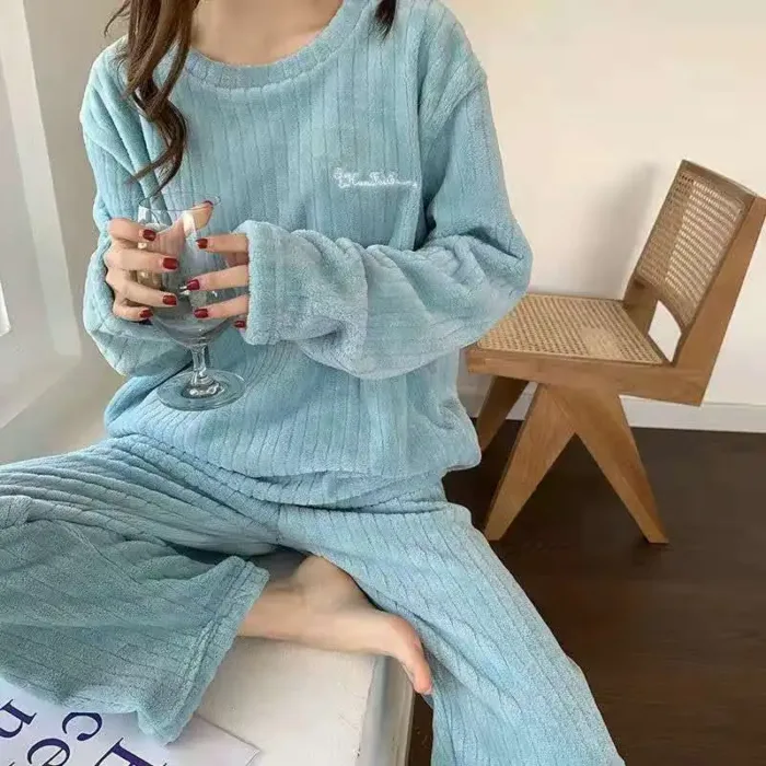 Autumn Women Solid Warm 2 Piece Sets Thicken Velvet Ribbed Fleece Set Pullover And Pants Women Casual Pajama Sets 2024 - Image 19