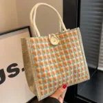 Women Woven Handbag Tote Bag Korean Style Ladies Button Handheld Linen Bags Button/Zipper Handheld Linen Bags Small Shopping Bag - Image 3