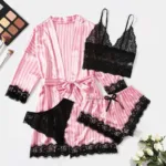 Women's Satin Pajama Set 4pcs Floral Lace Trim Cami Lingerie Sleepwear with Robe Sleepwear Lace Cami Shorts Loungewear Pink - Image 4