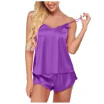 Two Piece Suit Women Pajamas Sexy Sling V Neck Sleepwear Satin Top And Shorts Splicing Lace Solid Nightclothes Female Pijama Set - Image 3