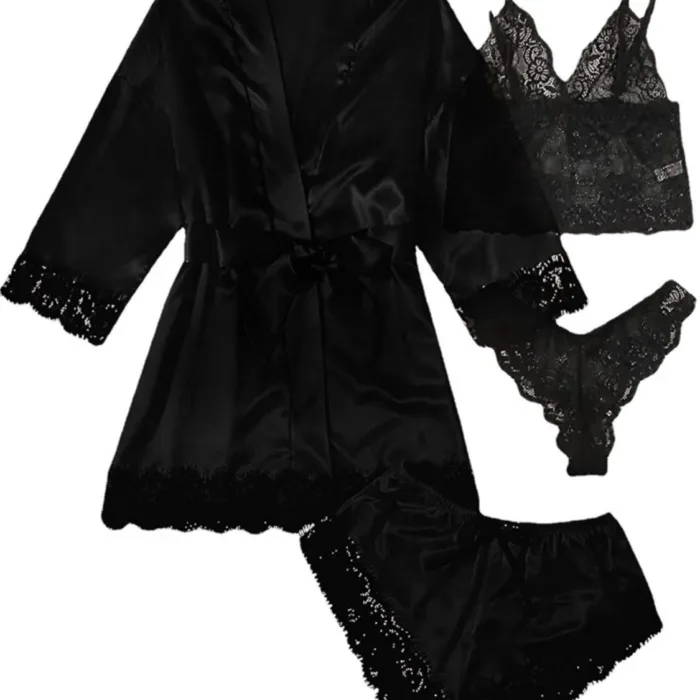 European and American women's pajamas underwear 4-piece set Lei suspender pajamas women's summer set nightgown nightgown - Image 5