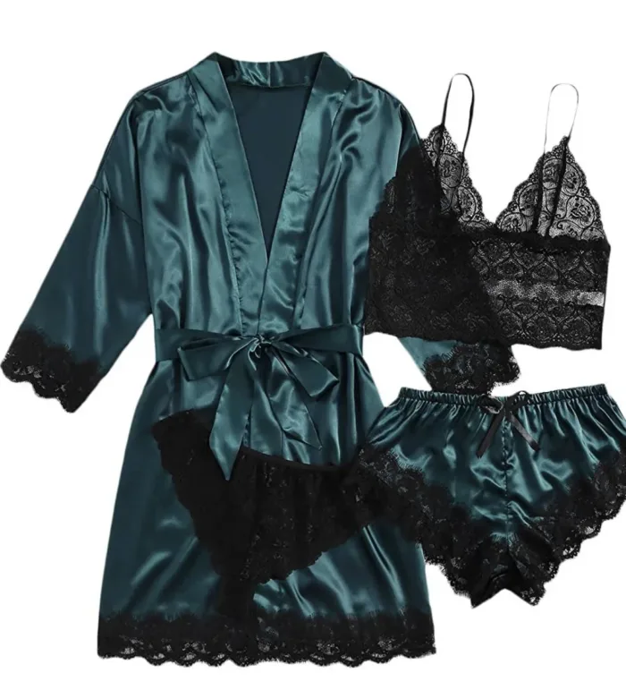 European and American women's pajamas underwear 4-piece set Lei suspender pajamas women's summer set nightgown nightgown - Image 11