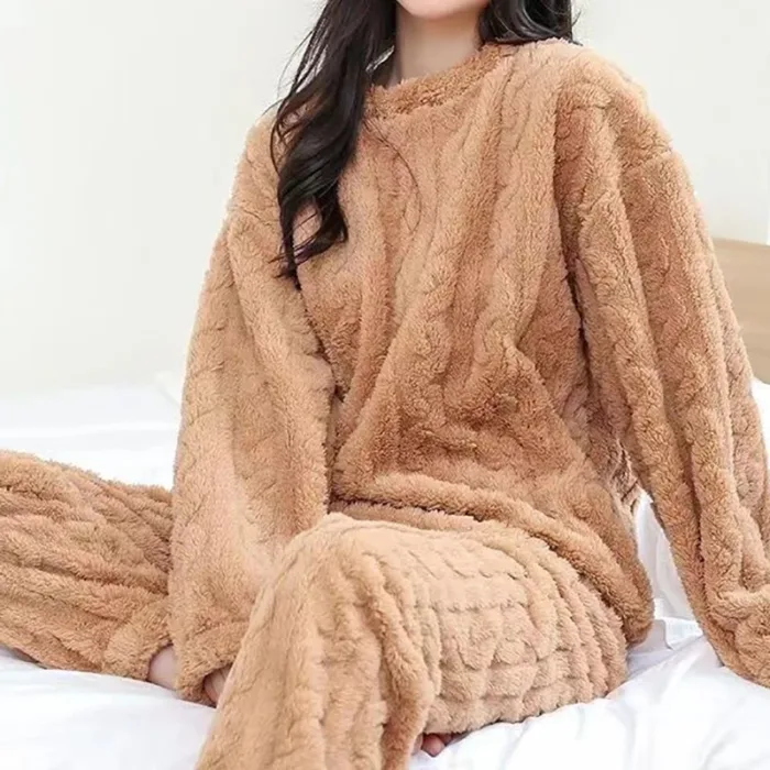 Autumn Women Solid Warm 2 Piece Sets Thicken Velvet Ribbed Fleece Set Pullover And Pants Women Casual Pajama Sets 2024 - Image 3