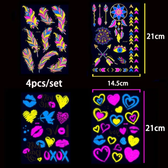Luminous Temporary Tattoos Stickers Fluorescent Neon In Dark Illuminate Tattoo Elephant/Love Heart Shoulder Tattoo Party Sticker - Image 21