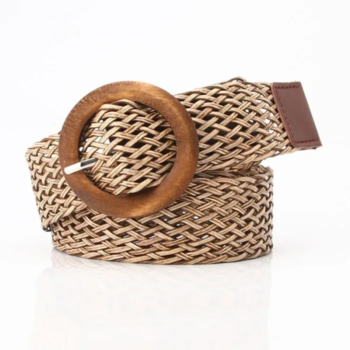 Braided Waist Belt Black Coffee Female Belt Vintage Boho Round Wooden Smooth Buckle Fake Straw Wide Belts Waist Strap For Women - Image 8