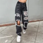 Hole Korean Oversize Streetwear Pants Ladies Hollow Out Ripped Straight Jeans Blue Punk Baggy High Waist Mom Boyfriend Denim - Image 2