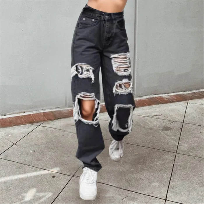 Hole Korean Oversize Streetwear Pants Ladies Hollow Out Ripped Straight Jeans Blue Punk Baggy High Waist Mom Boyfriend Denim - Image 2