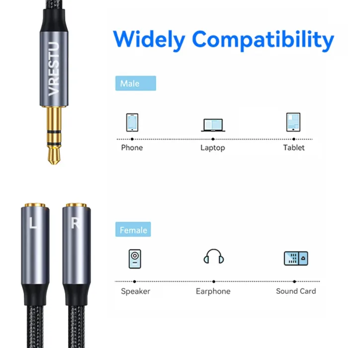 1 in 2 Out 3.5mm to 2Female Left Right Channel Cable Stereo AUX Convertor for Sound Card Speaker Combine L/R Splitter Audio Line - Image 6