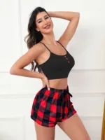 1 Set Plaid Print Pajama Set, Scoop Neck Cami Top & Elastic Waistband Shorts, Women's Sleepwear & Loungewear - Image 5