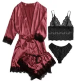 European and American women's pajamas underwear 4-piece set Lei suspender pajamas women's summer set nightgown nightgown - Image 8