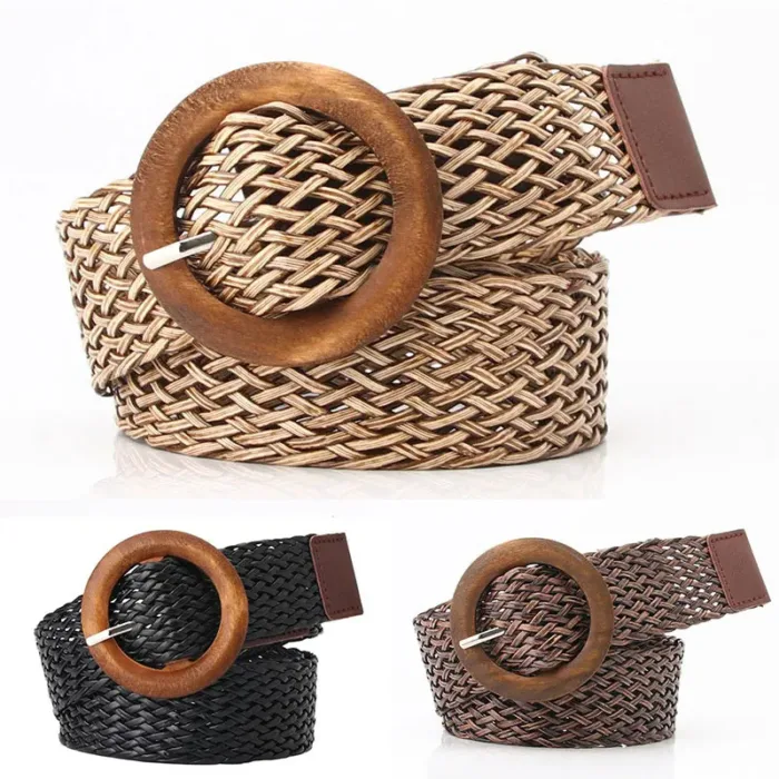 Braided Waist Belt Black Coffee Female Belt Vintage Boho Round Wooden Smooth Buckle Fake Straw Wide Belts Waist Strap For Women - Image 1