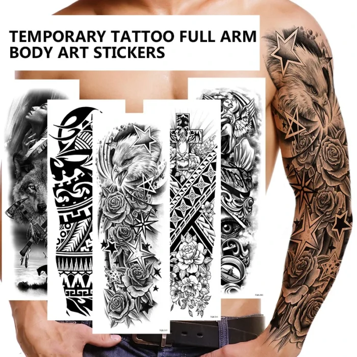 Body Art Full Fake Tatoo Tiger Wolf Flowers Rose Large Arm Tattoo Sticker Full Sleeve Waterproof Semi Permanent Tattoo Women Man - Image 1