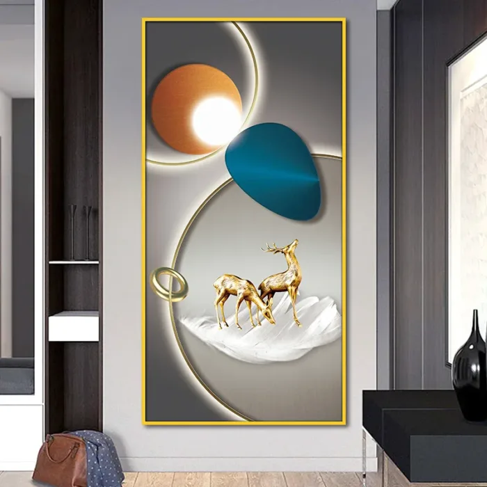 Abstract Geometry Light and Shadow Canvas Painting Wall Art Golden Deer Feather Ginkgo Leaf Posters Porch Wall Decor No Frame - Image 3