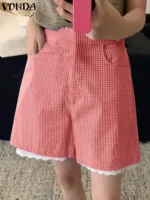 VONDA Women Fashion Casual Plaid Shorts 2024 Bohemian Holiday Summer Bottoms Party Oversized Printed Loose Lace Patchwork Shorts - Image 3