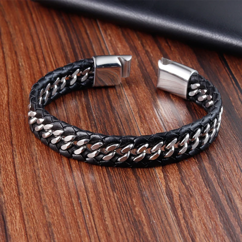 S40a5bd9fb924401497a7f9deca7ec50dR.webp Braided Rope Woven Black Leather Men Bracelets Punk Style Stainless Steel Bangle for Friend Charm Fashion Jewelry Gifts - Image 1