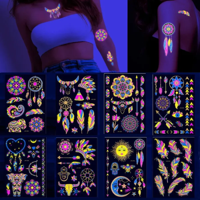 Luminous Temporary Tattoos Stickers Fluorescent Neon In Dark Illuminate Tattoo Elephant/Love Heart Shoulder Tattoo Party Sticker - Image 1