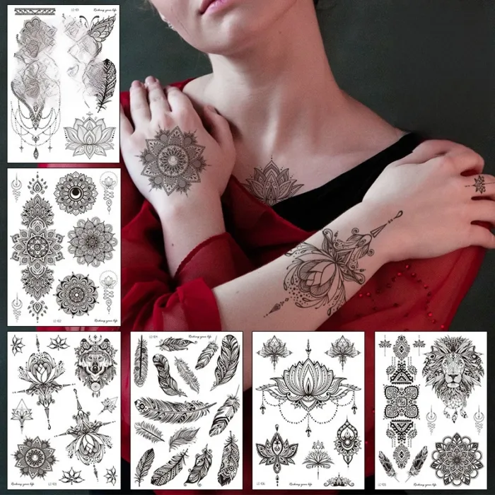 Size:210x150mm Waterproof Haina Tattoo Sticker Mandala Sexy Feather Temporary Tattoo Sticker - Image 1