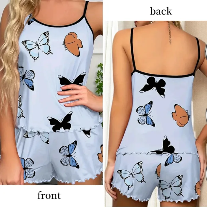 Women's Comfortable Casual Printed Butterfly Camouflage Top and Shorts Pajama Set Women's Blue Pajama Printed Home Pajama Set - Image 2
