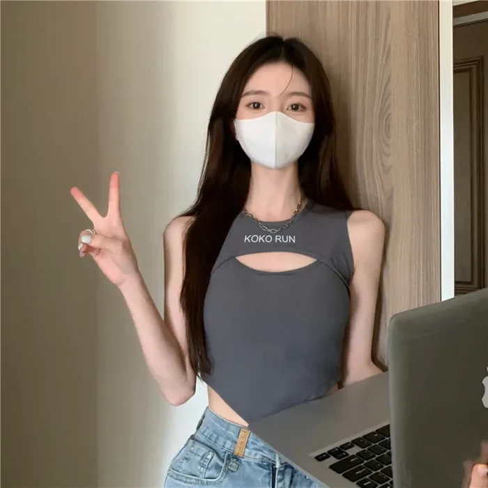 Casual Crop Tops Women Knit Irregular Tops Hollow Out Camisole Spicy Girl Outfit Female Fake Two Pieces Tank Tops with Bra Pad - Image 10