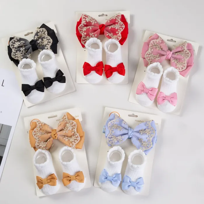 3Pcs/Set Leg Ruffled Cotton Socks Baby Girls  Kids Clothing with Lacework Toddlers Cotton Hair Ribbon Bows Sock Elastic Hairband - Image 1