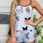 Women's Comfortable Casual Printed Butterfly Camouflage Top and Shorts Pajama Set Women's Blue Pajama Printed Home Pajama Set - Image 7