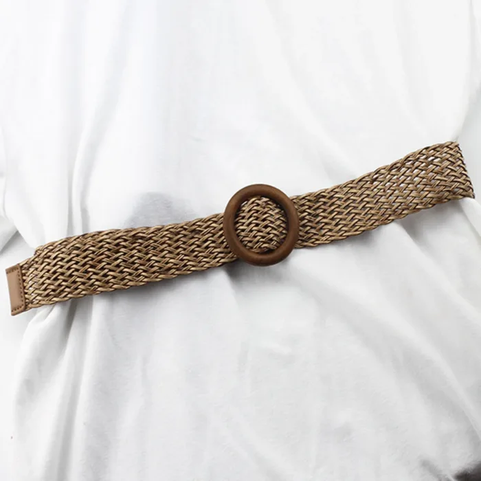 Braided Waist Belt Black Coffee Female Belt Vintage Boho Round Wooden Smooth Buckle Fake Straw Wide Belts Waist Strap For Women - Image 13