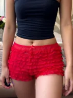 Y2k Coquette Lace Ruffle Panties for Women Bowknot Mesh Frilly Layers Bloomers Pant Sexy High Waist Booty Shorts Fairy Clothes - Image 5