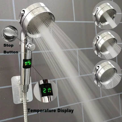 Temperature Digital Display Showerhead Black 3 Modes High Pressure Spray Nozzle Rainfall Pressurized Shower Bathroom Accessories
