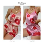 Women's Cute Heart Print Satin Pajama Set - V Neck Cami Top and Elastic Shorts for Comfortable Sleep and Lounging Homewear - Image 4