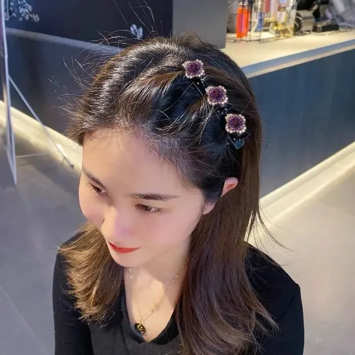 2023 New Fashion Sparkling Crystal Stone Braided Hair Clips 3 Flower Hair Accessory For Women Girls - Image 3