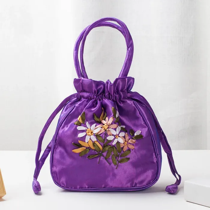 Small Women Bucket Bag Top Handle Ladies Handbag Phone Bag Summer Purse National Style Embroidered Flower Pattern Drawstring Bag - Image 9