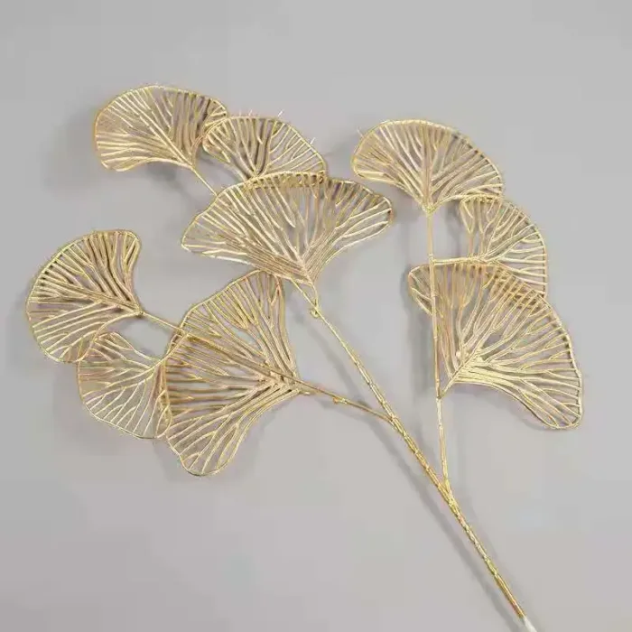 1PC Three-pronged Fan Leaf Netting Artificial Gold Ginkgo Eucalyptus Holly For Wedding Arch Flower Arrangement Home Decor Crafts - Image 4