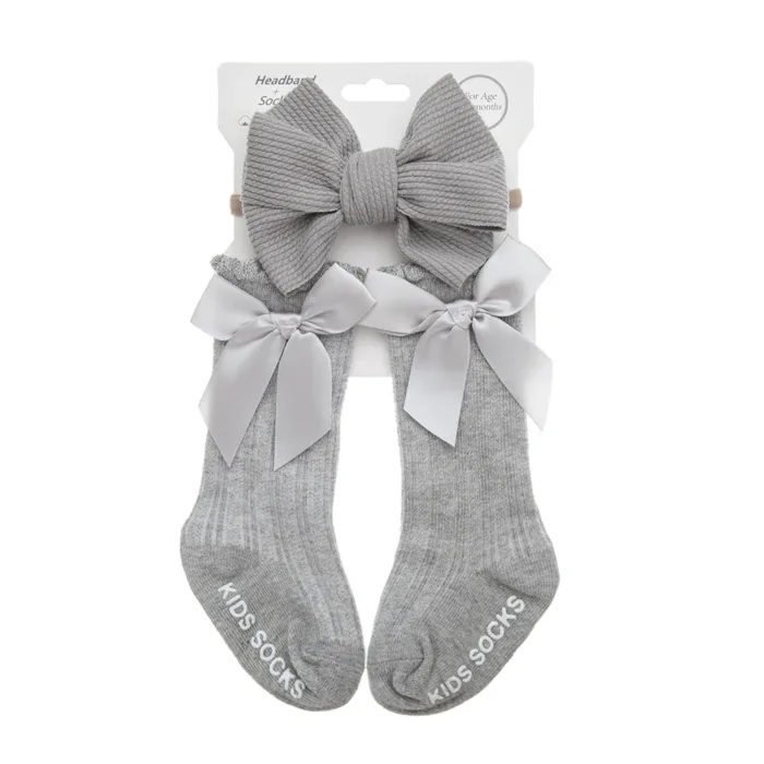 3Pcs/Set Baby Cotton Knee Socks Silk Stain Hair Bow Headbands Non-slip 0-12M Long Leggings Stockings Nylon Hairbands Infant Sock - Image 7