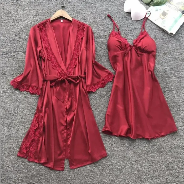 2PCS Leepwear Female Pajamas Set Satin Home Pyjamamas Lace Robe Sleep Suit V-Neck Wedding Nightwear Wear Nighty&Rob - Image 7