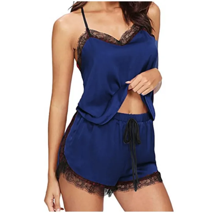 Women Summer Sexy Pajama Sets Sleepwear Sleeveless Strap Nightwear Lace Trim Satin Cami Top Brand Pijamas Strapless Pyjama Femme - Image 3