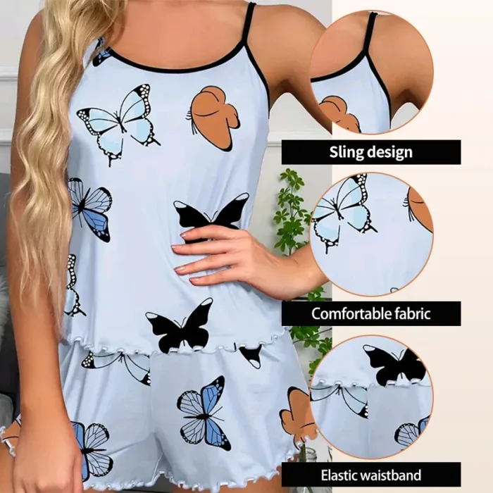 Women's Comfortable Casual Printed Butterfly Camouflage Top and Shorts Pajama Set Women's Blue Pajama Printed Home Pajama Set - Image 6