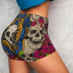 Women's Yoga Shorts Skulls And Pink Flowers Scrunch Booty Butt Lifting Comfort Fitness Gym - Image 4