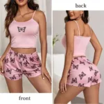 Two Piece Women's Suspender Printed Butterfly Round Neck Camouflage Top Paired with Shorts Women's Casual Pajama Set - Image 2