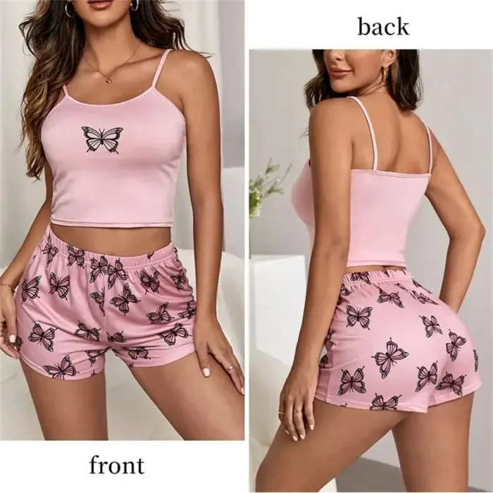 Two Piece Women's Suspender Printed Butterfly Round Neck Camouflage Top Paired with Shorts Women's Casual Pajama Set - Image 2