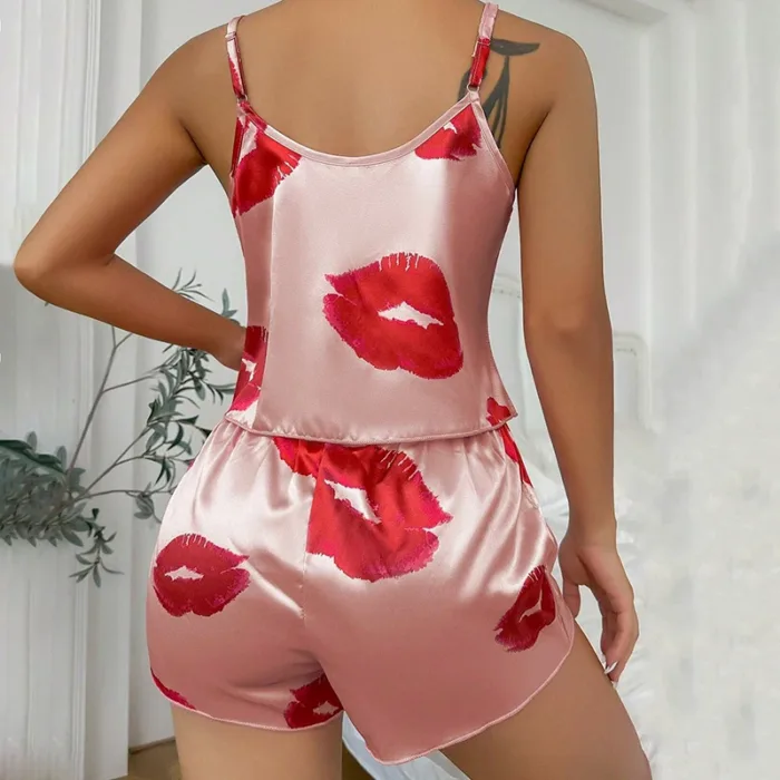 Women's Cute Heart Print Satin Pajama Set - V Neck Cami Top and Elastic Shorts for Comfortable Sleep and Lounging Homewear - Image 2